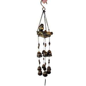 Metal Wind Chimes with Birds in a Nest, Bells and Beads. 25"